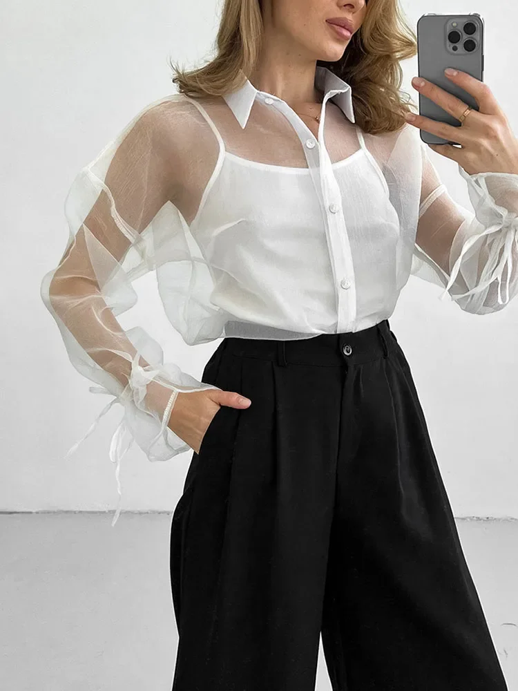 Mesh See-through Lace-Up Shirt Women's Sexy Long Sleeve Tops Fashion Solid Color Casual Streetwear Women's Shirt Tops 2024