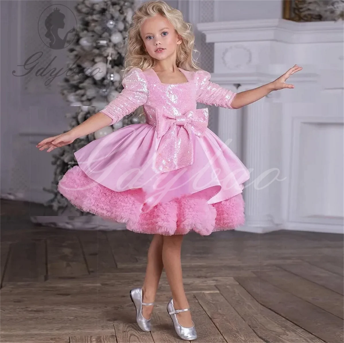 Half Sleeve Pink Flower Girl Dress Tiered Tulle Birthday Party Wedding Dress Satin Baby Kids Pageant Communion Ball Gown