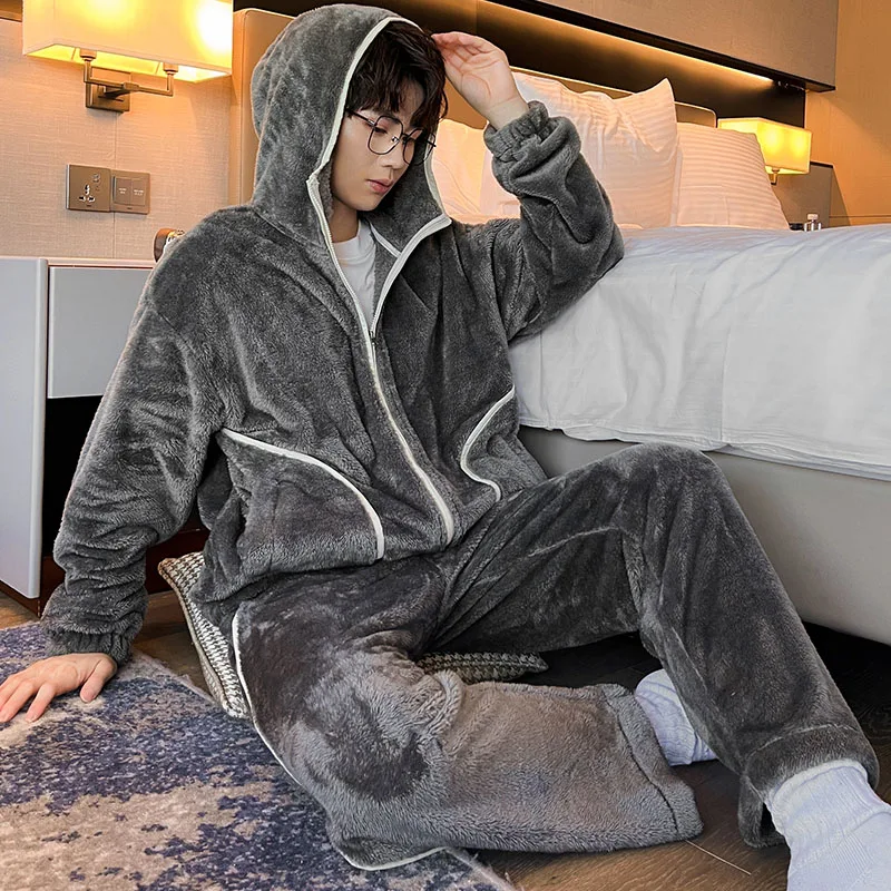 6XL 7XL 8XL Winter Men's Hooded Homewear Heavy Plus Velvet Zipper Cardigan Plus Size Pajamas Pants Keep Warm White Black Suit