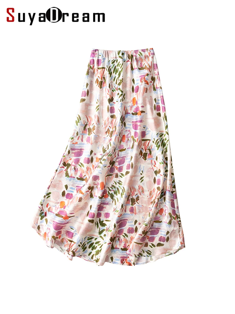 SuyaDream Mermaid Skirt for Woman 93%Silk 7%Spandex Elastic High Waist Printed 2022 Spring Summer Long Chic Skirts