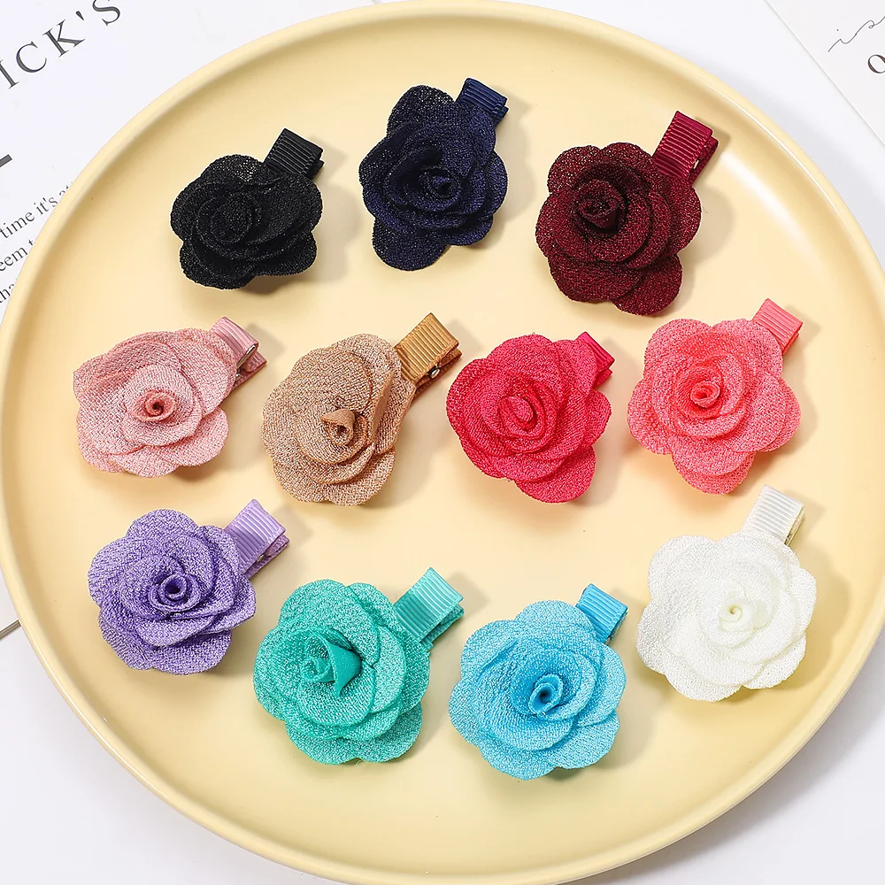 5Pcs/Set Solid Color Sweet Camellia HairClips For Kids Girls Flower Hairpins Covered Safety Clips Headwear Hair Accessories