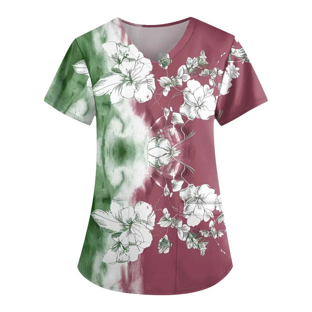 Womens Floral Print Uniforms V Neck Summer Casual Scrubs Short Sleeve Medical Workwear Nursing Scrub Tops with Pockets 3XL ﻿