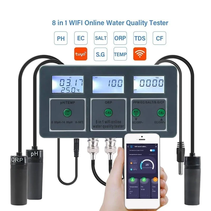 Tuya Wifi Water Quality  S.G/PH/EC/ORP/TDS/CF/SALT/TEMP Measuring Analyzer Water Monitor EU Plug