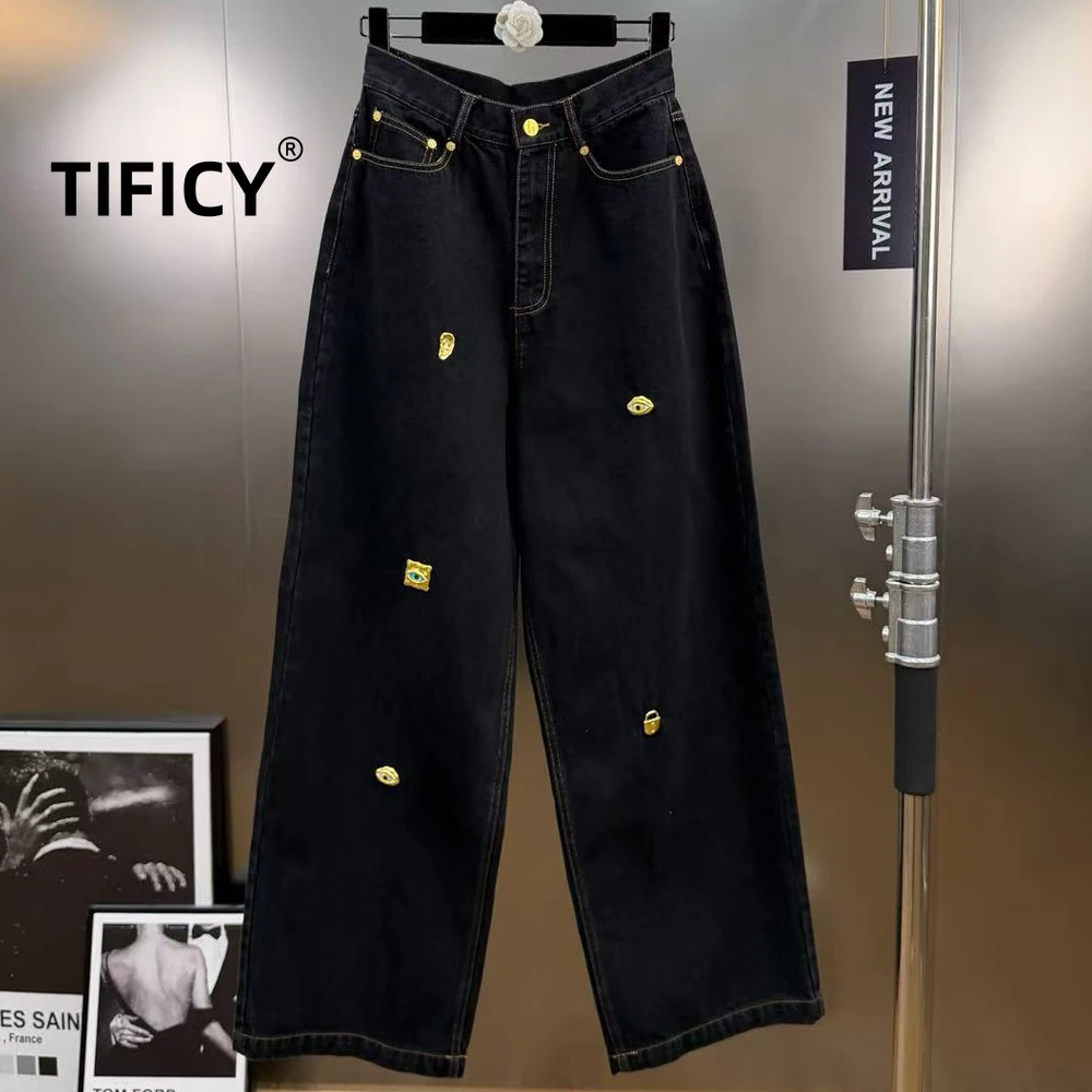

High Street Jean Pants Women's Spring Metal Buckle Decoration Mid Waist Wide Leg Washed Straight Leg Long Denim Pants Casual