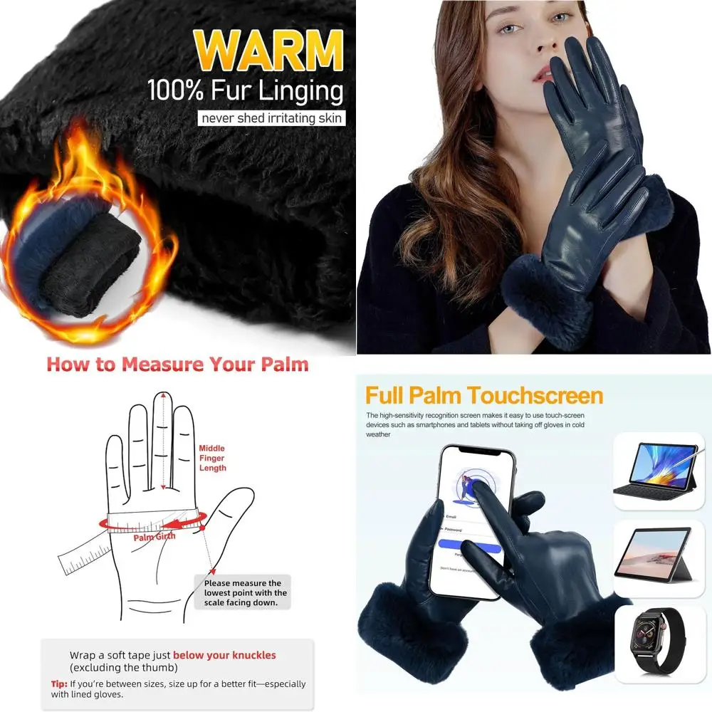 Damskie skórzane rękawiczki GSG z króliczym futerkiem na mankietach, dotykowe, ciepłe rękawice zimowe do prowadzenia samochodu, wielokolorowe.