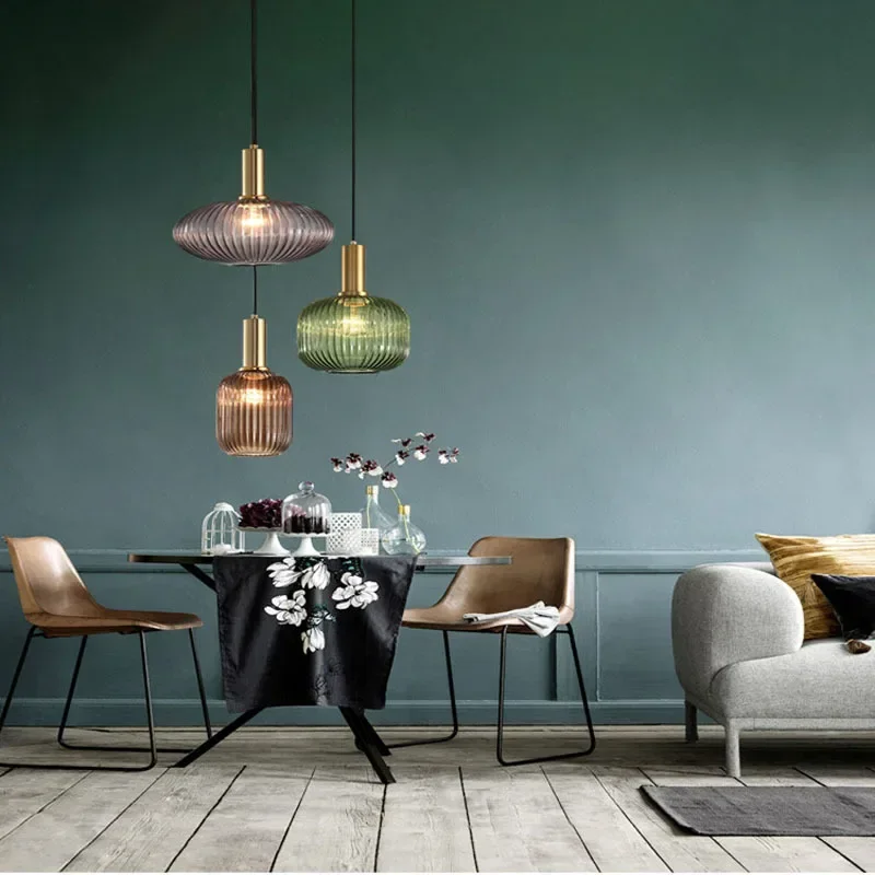 Minimalist Striped Glass LED Pendant Light Vintage Lantern Chandelier Dining Room Kitchen Bedside Light Home Decor Hanging Lamp
