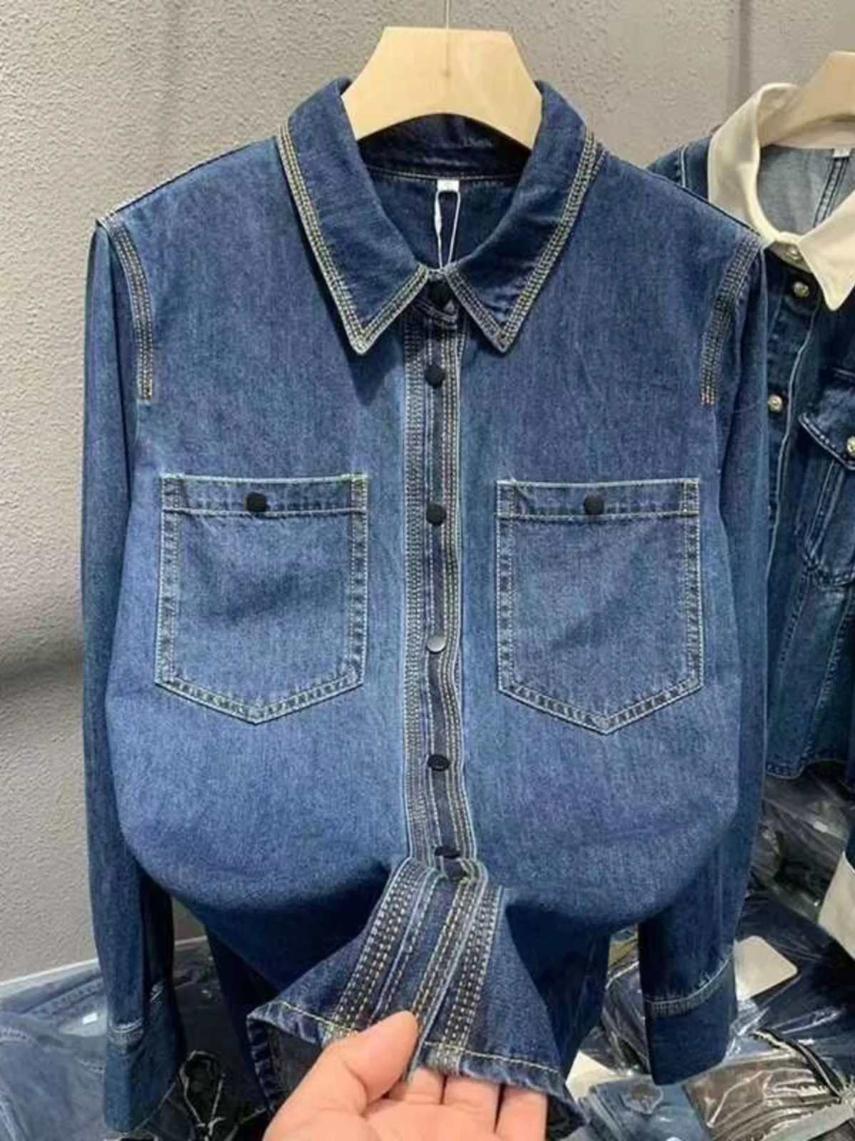 

Faionable Long Sve Fce Lined Denim irt Women's Autumn Winter New Sle Layering irt Korean Sle Loose Fit irt