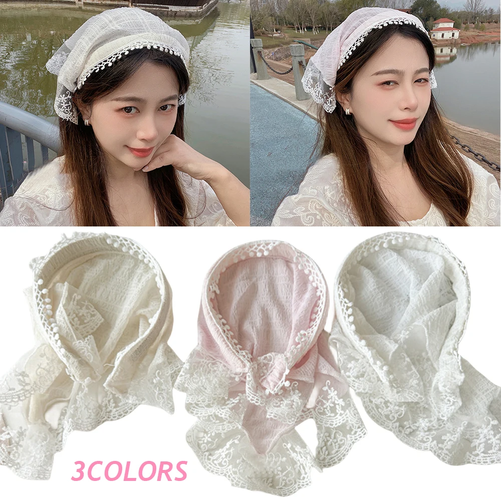 Spring And Summer Embroidered Flower Lace Triangle Scarf Headband Bubble Gauze Hairband Hair Hoop Sunscreen Headwraps Bandana