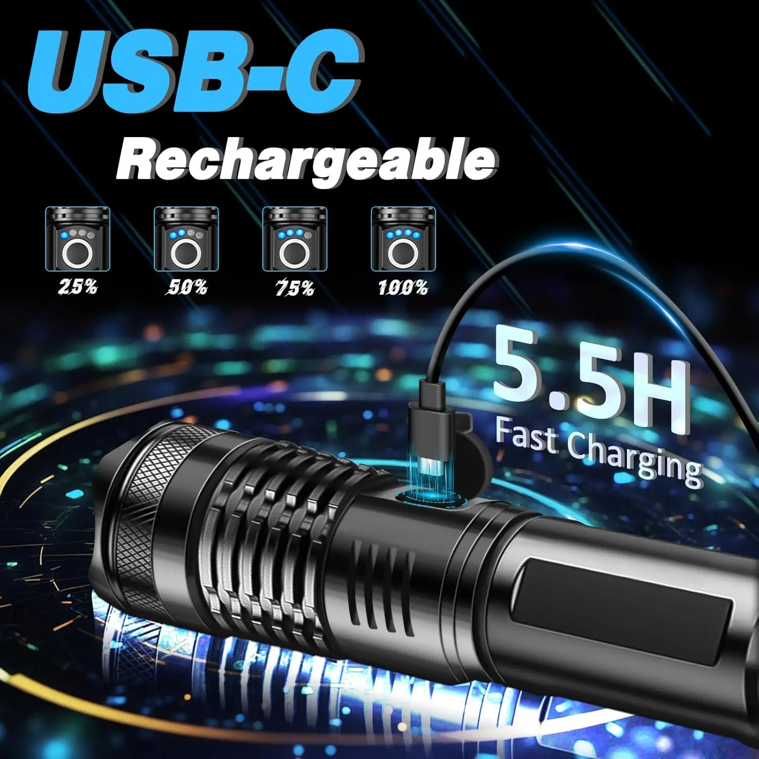 Aluminum Alloy Rechargeable Strong Flashlight Zoomable LED Powerful Flashlights 5 Modes Waterproof Flash Light for Emergency
