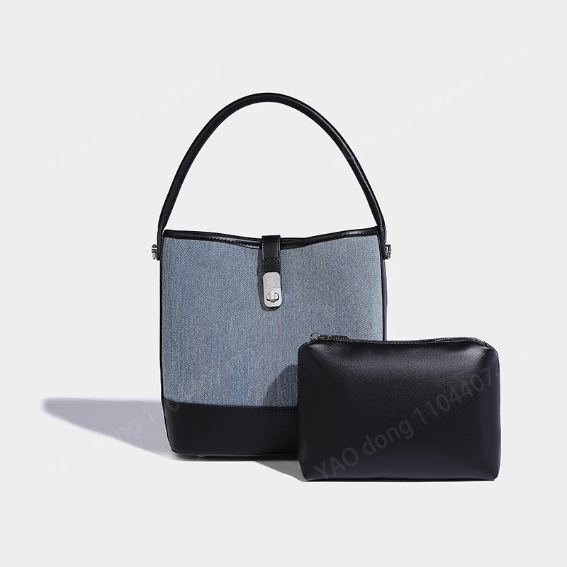 Yao Dong Denim empalme PU cubo compuesto bolsas para mujeres bolsos de diseñador de lujo monederos 2024 nuevo en moda Simple hombro C