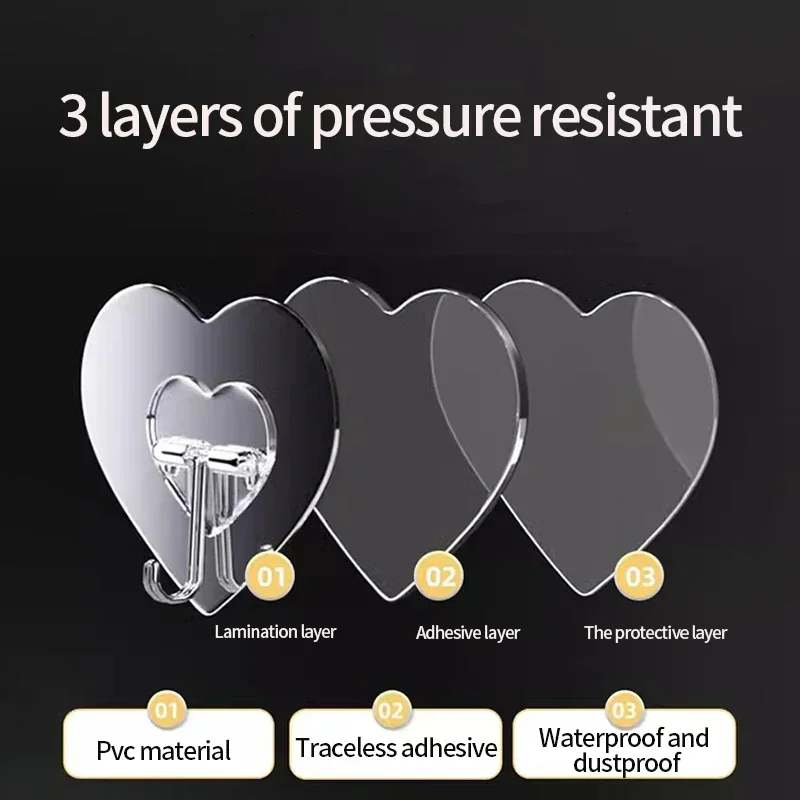 Heart Shape Transparent Hooks Non Punching Plastic Love Hangers Holder Self Adhesive Key Towel Multi-Purpose Hooks Storage Rack