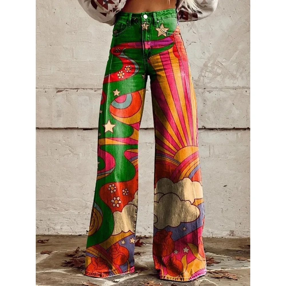 Damenhose mit Folk-Art-Print, hoher Taille und weitem Bein, Boho-Freizeithose, farbenfrohe, bequeme, locker sitzende Hose für den Alltag – Detail 5