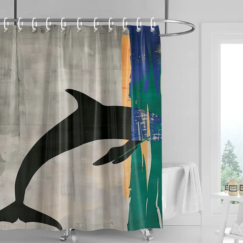 

Ocean and abstract art shower curtain-gray dolphin silhouette and colorful brush strokes, waterproof modern bathroom decoration