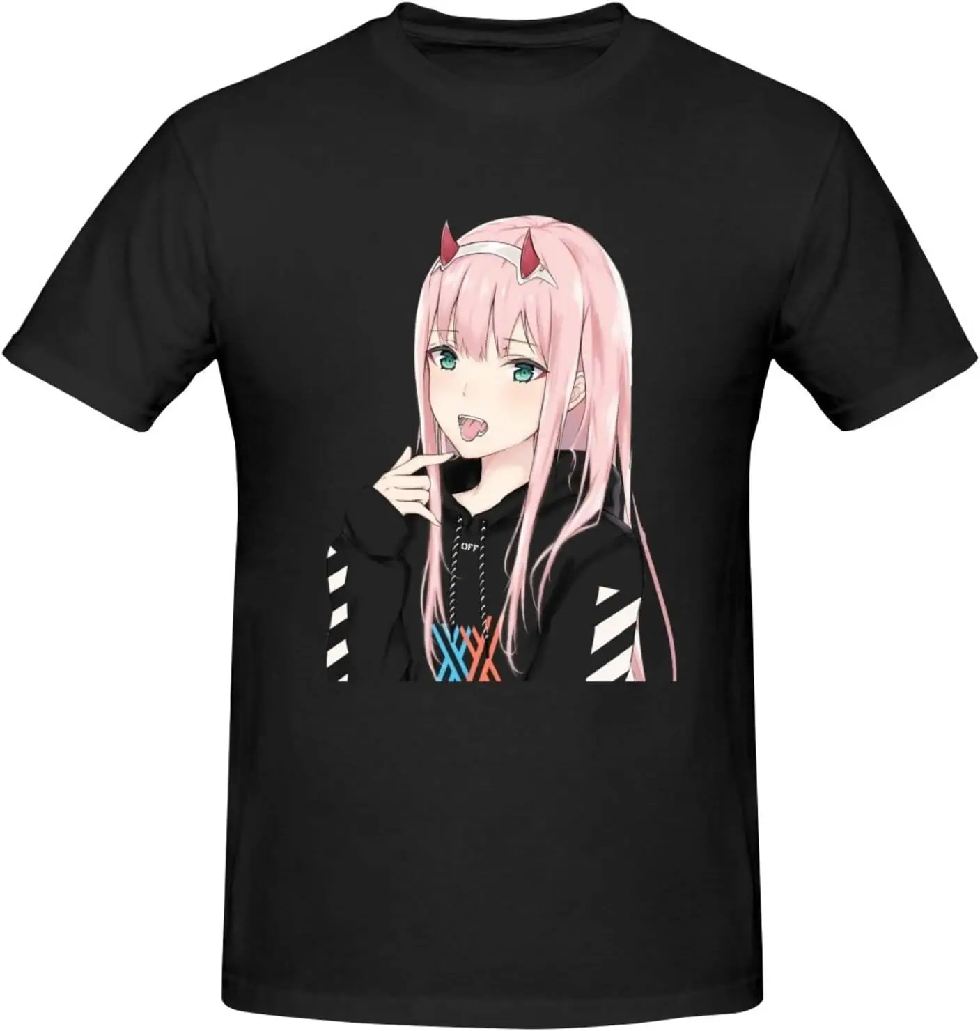 

Darling in The Anime FranXX Zero Two Men's T-Shirts Cotton Short Sleeve Crew Neck Fashion Graphic Print Tees Black