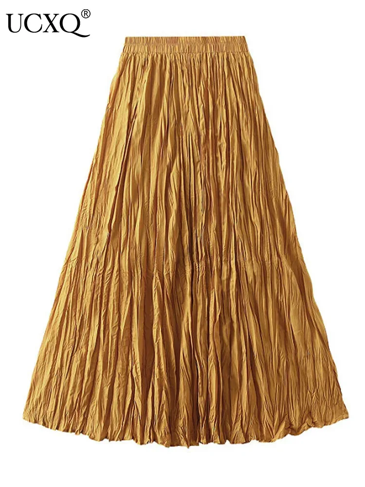 UCXQ 심플 럭셔리 멀티 솔리드 컬러 플리츠 스커트 여성용, 대형 밑단 주름 A 라인 스커트, 2024 용수철 가을 23A7004 