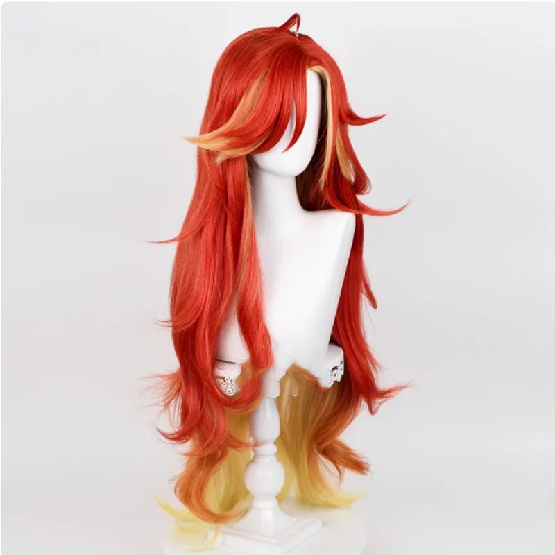 Pyro Archon Mavuika 코스프레 가발 100cm 긴 곱슬 웨이브 빨간색 노란색 혼합 가발 코스프레 애니메이션 내열성 합성 머리카락