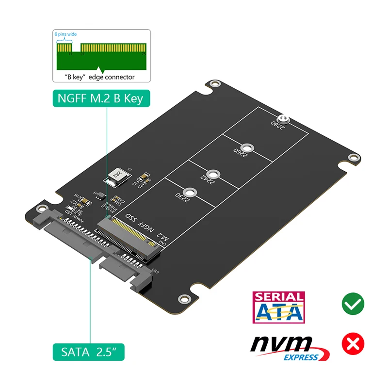 M.2 to SATA3.0 2.5inch External SSD Enclosure Riser with 7mm Plastic Case for 2230 2242 2260 2280 B/B+M Key M2 SATA Protocol SSD