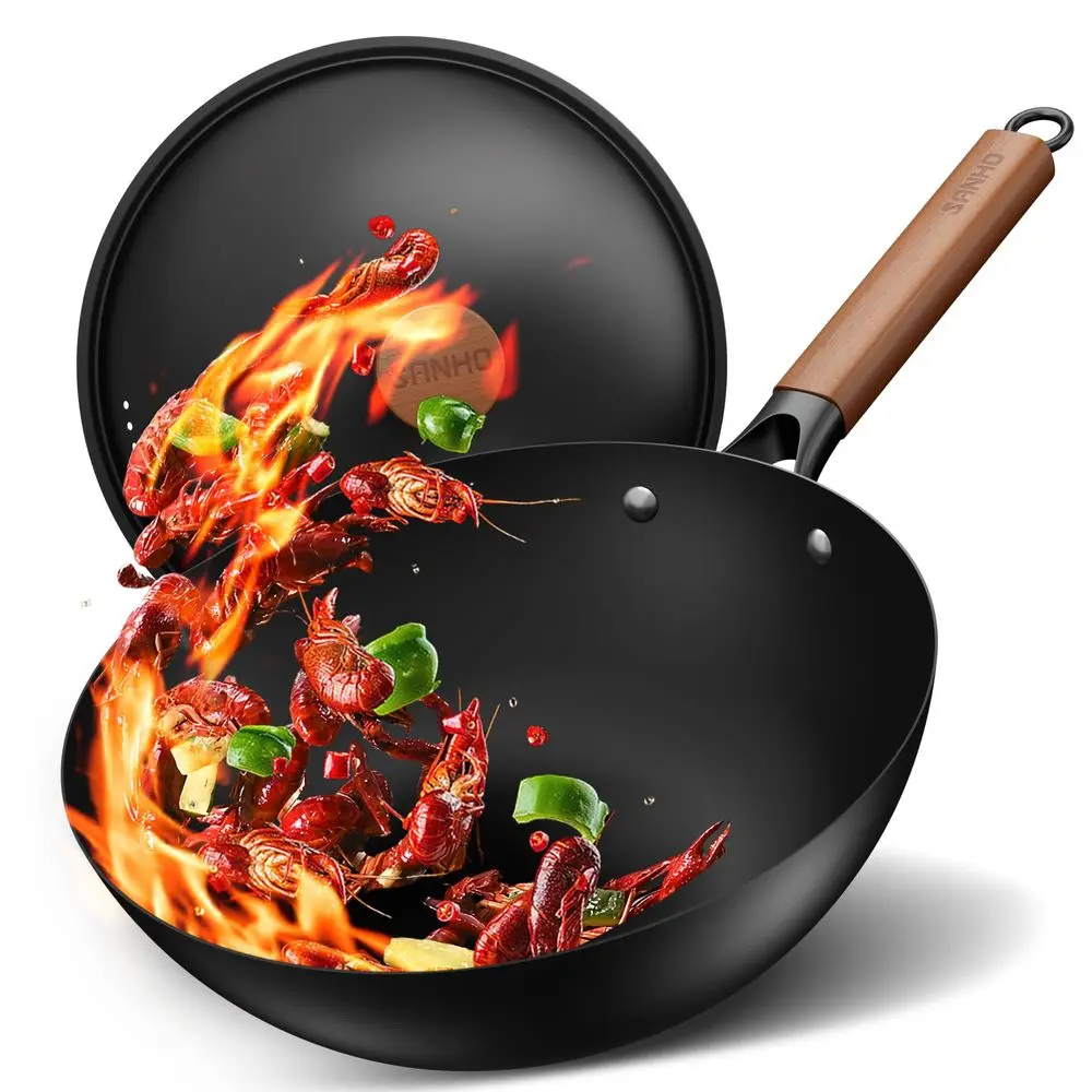 Wok de Acero al Carbono de 30 cm (12 Pulgadas), Wok Antiadherente de 4QT con Tapa, Sin Necesidad de Condimento ni Revestimiento, Compatible con Todas las Placas de Cocina
