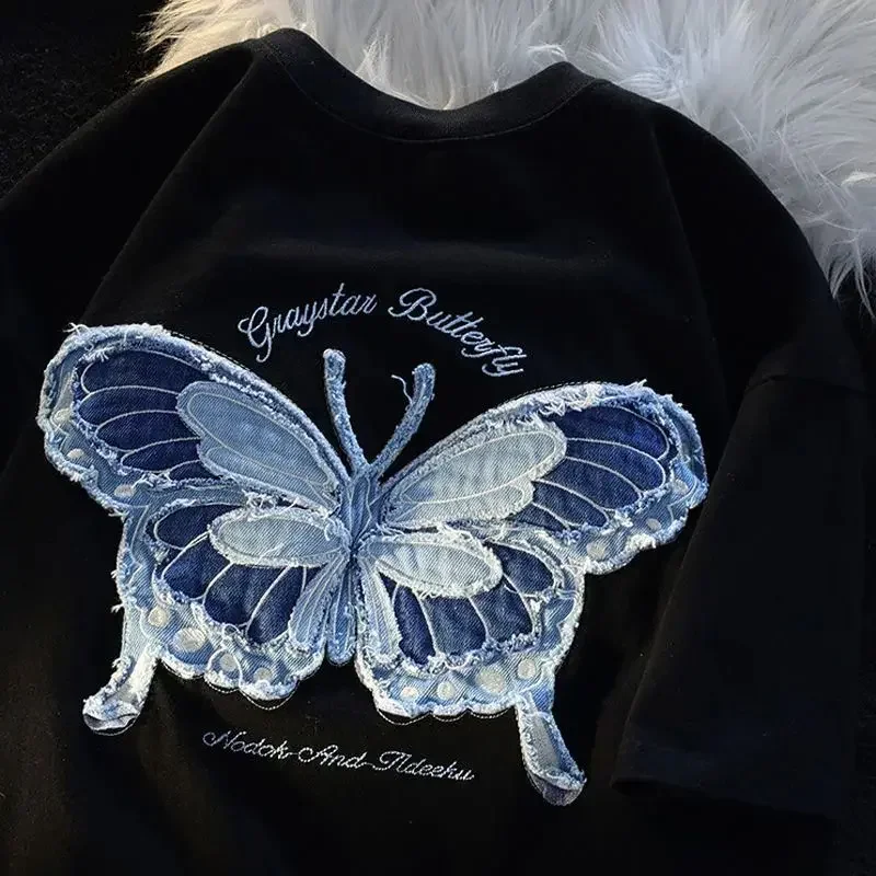 Camiseta de mariposa bordada tridimensional de algodón de estilo americano para mujer, camiseta de manga corta, ropa informal suelta de verano