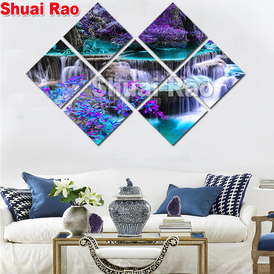 Peinture de diamant de cascade violette, art de mosaïque rond carré complet, arbre d'aviation, paysage, décor à la maison, 7 pièces