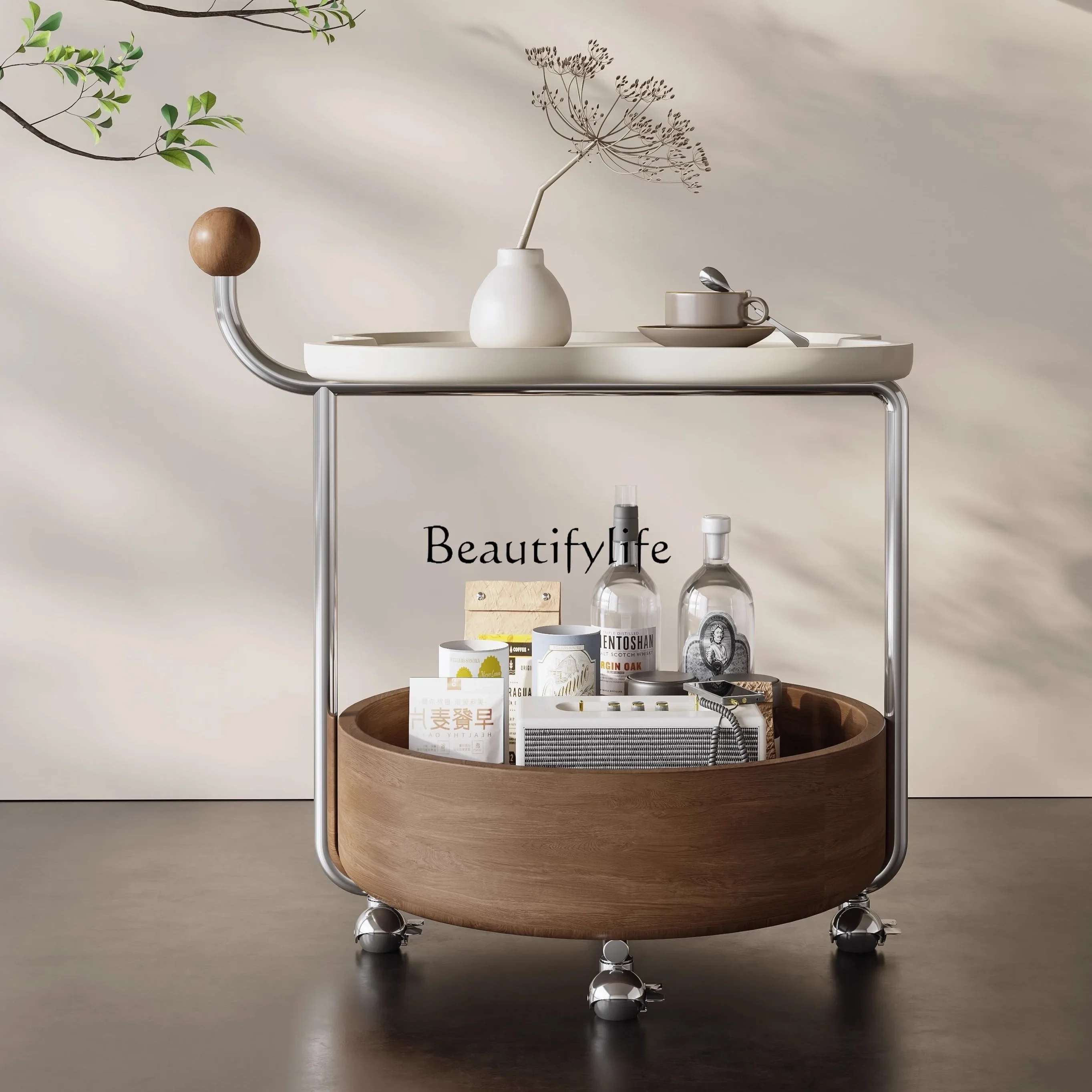 

LJYVintage Living Room Small Trolley with Wheels Solid Wood Sofa Storage Side Table