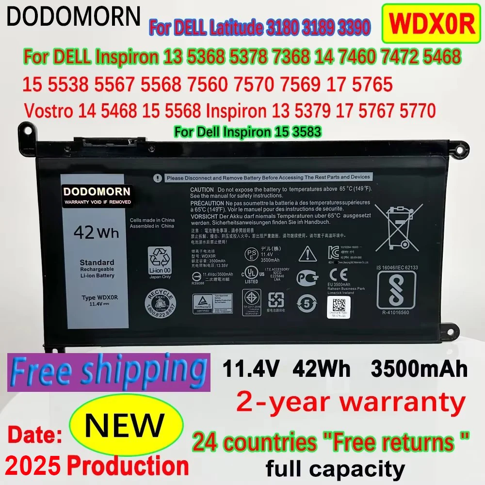 WDX0R Laptop Battery For DELL Vostro 14-5468 14-5471 14-3480/15-5568 5581 3583 Inspiron 13 15 5000/7000 Series Batteries WDXOR