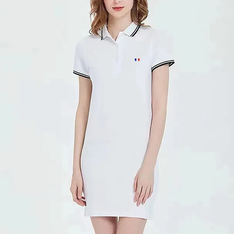 Spring Summer Knit Polo Dress National Flag Logo Woman Black Casual Knee-length Straight Dresses Female