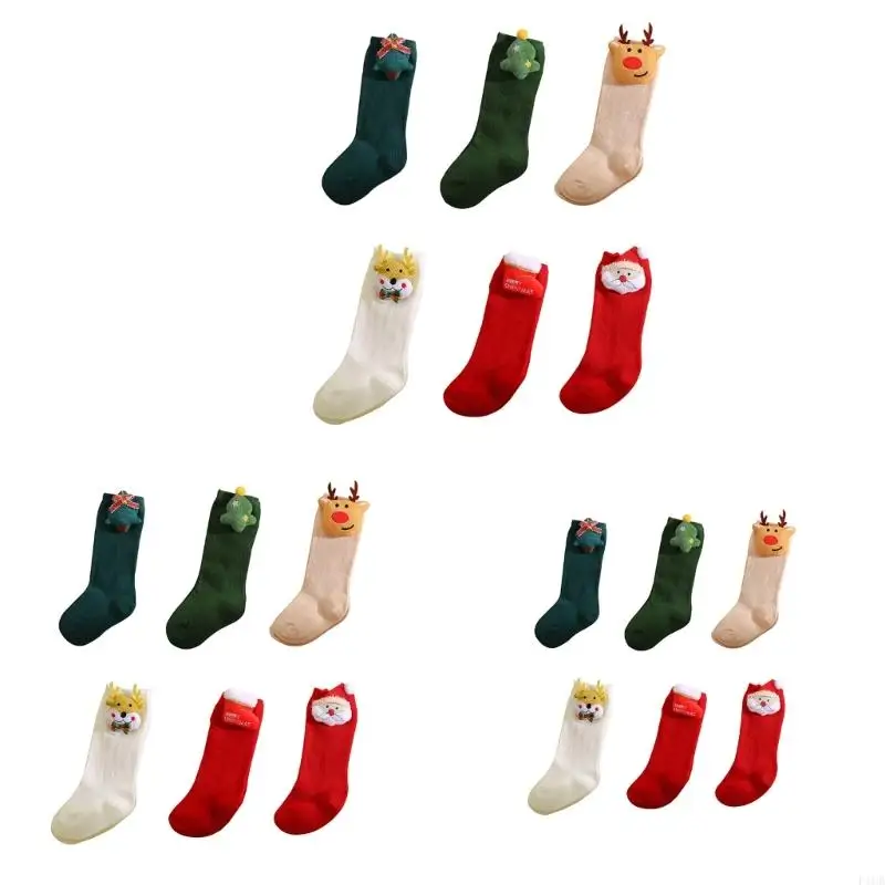 F1CB Baby Girls Tube Socks with Santa Decor Toddler Breathable Sock Cartoon Cotton Socks for Infant