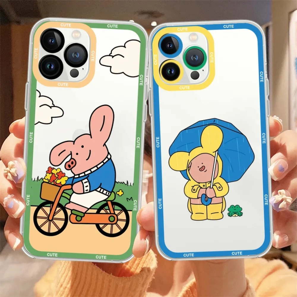 

Cartoon Cute Pink Pig Phone Case For iPhone 11 12 Mini 13 14 15 Pro Max Transparent Shell