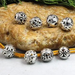 10pcs Vintage Tibetan Silver Hollow Pattern Round Spacer Beads 8mm Multi Figures Metal Jewelry Beads Prayer Charms DIY Bracelets