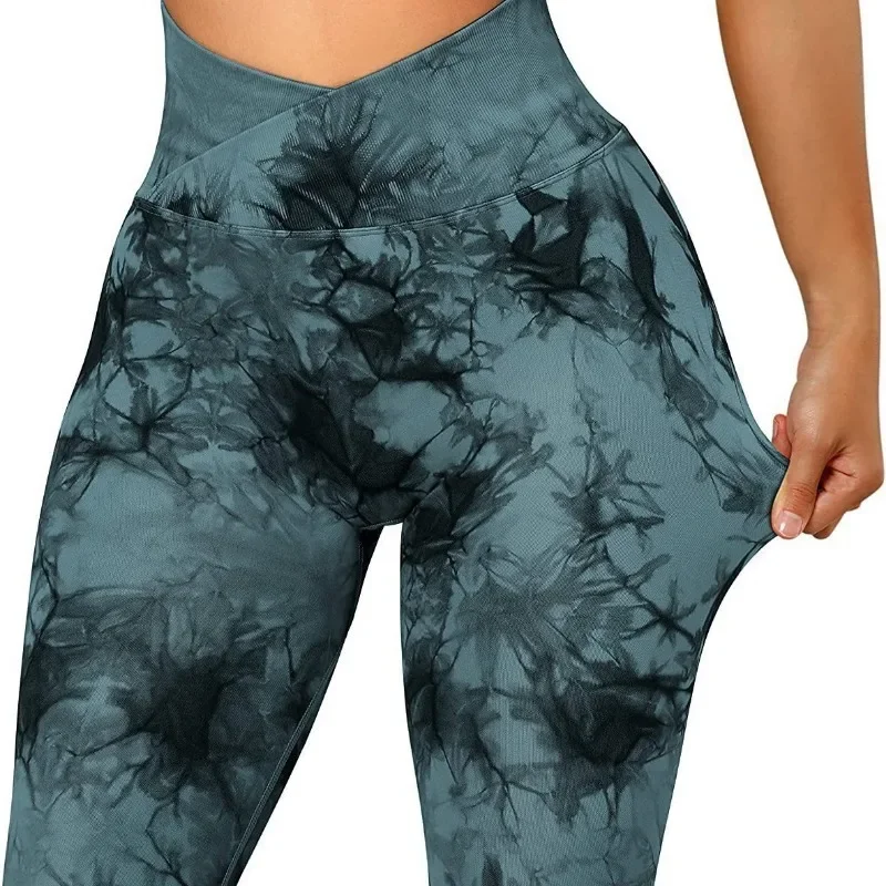 Bezszwowe legginsy z wąską talią dla kobiet Tie Dye Slim Tights Stretchy High Waist Running Cycling Sexy Hip Liftting Yoga Fitness Pants