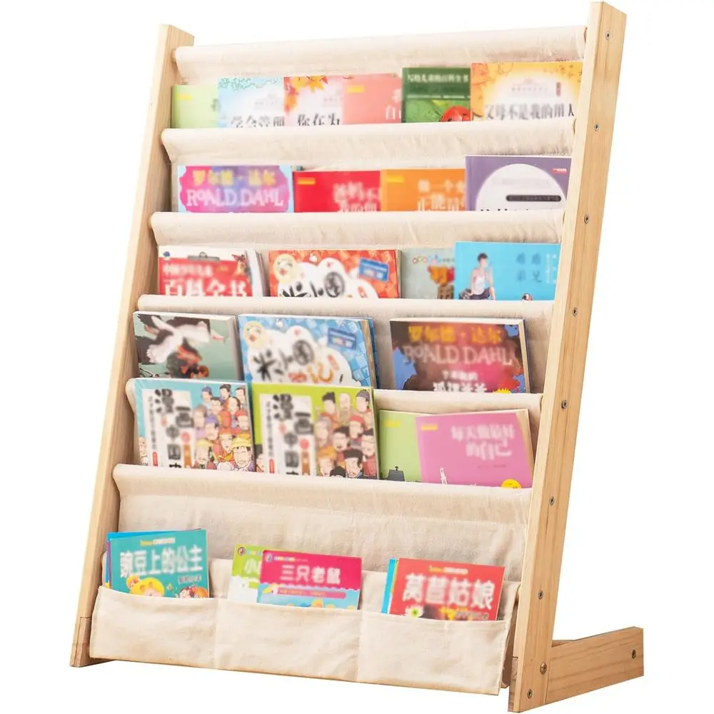 

Wooden Bookshel or Kids Wood Bookrack Canvas Book Storage Shel Display Bookshel 6 Tier Kids Book Rack or Bedroom Living Room Pla