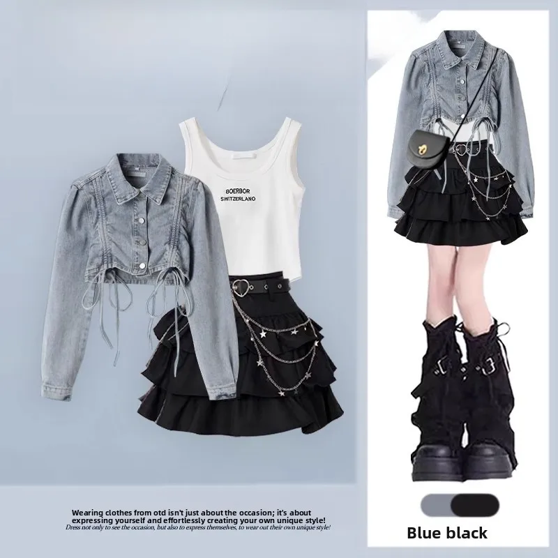 

Модный осенний антивозрастной комплект для женщин: джинсовый жилет, корейская юбка-карандаш, комплект из юбки и футболки...