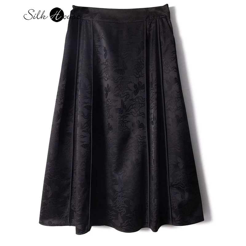 

New Chinese Autumn and Winter New Black Auspicious Cloud Butterfly Love Mulberry Silk Temperament Noble Jacquard Women's Skirt