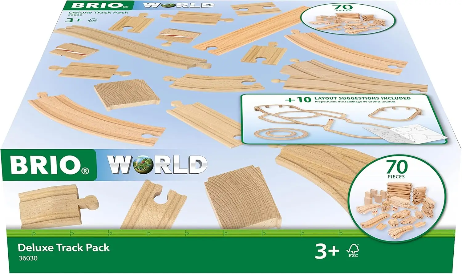

36030 World Deluxe Track Pack - 70 Piece Wooden Train Set for Children 3 Years and Up | FSC-Certified Beech Wood | Compatible wi