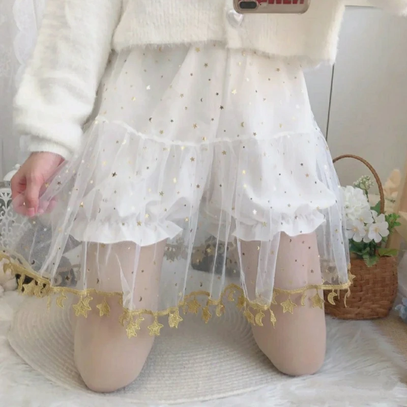 Petticoat with Bloomers Inside A-line Short Half Slips with Star Tassel Trim