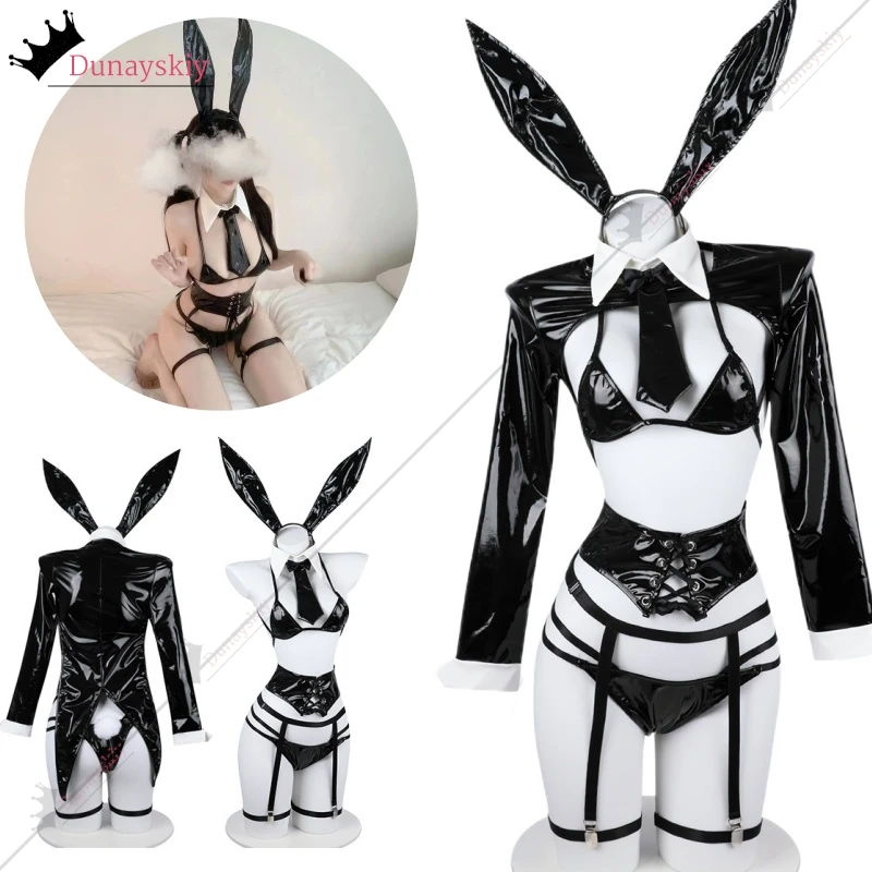 

New Original Design PU Leather Reverse Bunny Girl Cosplay Costume Black Jumpsuit Mesh Cloth Lingeries Women Sexy Cosplay