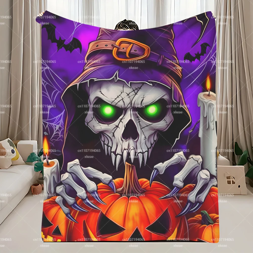 Halloween Skull Wizard Flannel Blanket, Glowing Eyes Skeleton Pumpkin Bat Candle Throw Blanket, Purple Background Spooky Horror