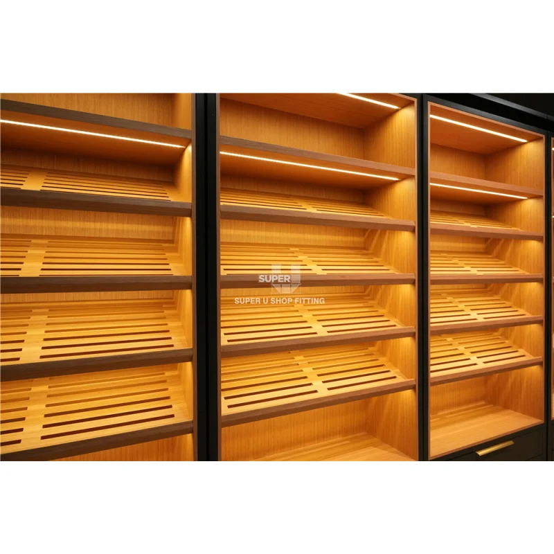 Vitrina de madera maciza con luz LED, escaparate de vidrio, diseño de tienda de cigarros antiguos, personalizable