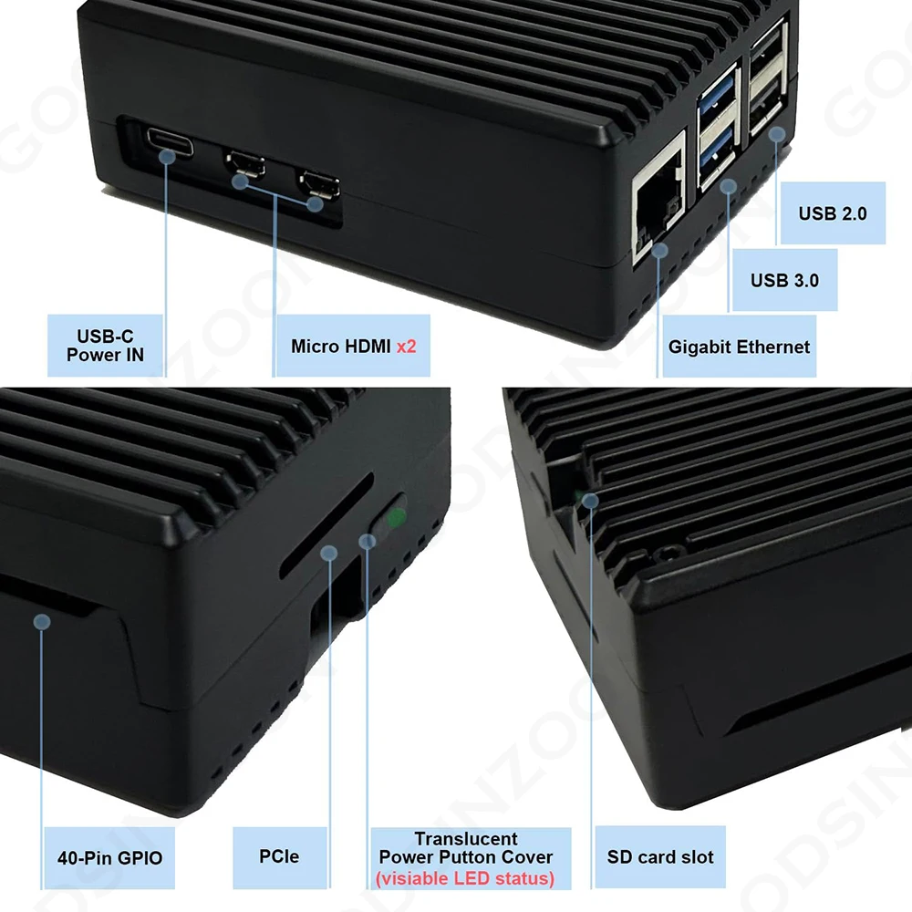 Raspberry Pi 5 Aluminum Heatsink Case - Passive Cooling Metal Shell with Power Button (3 Colors)