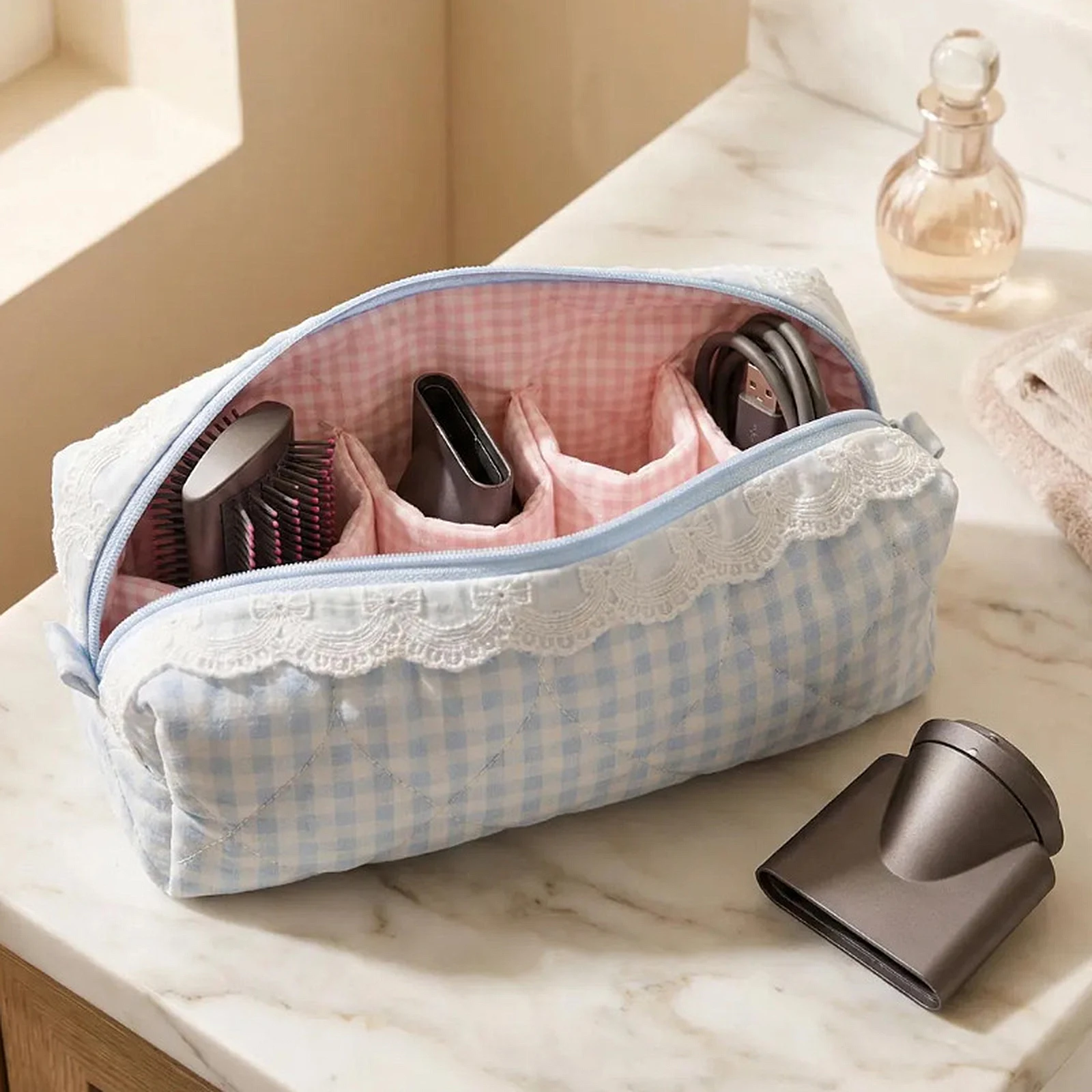 Travel Cosmetic Bag with Zipper & Multi-compartments Pencils Organiser Cosmetic Makeup Organizer Large Capacity for Women Girls