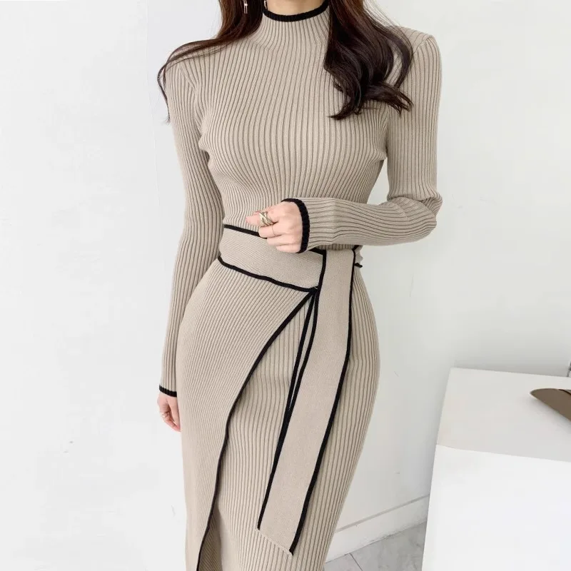 YuooMuoo elegancka, sznurowana, dzianinowa długa sukienka z golfem koreańska moda Khaki czarna żebra bandaż obcisła sukienka sweterkowa szata Femme
