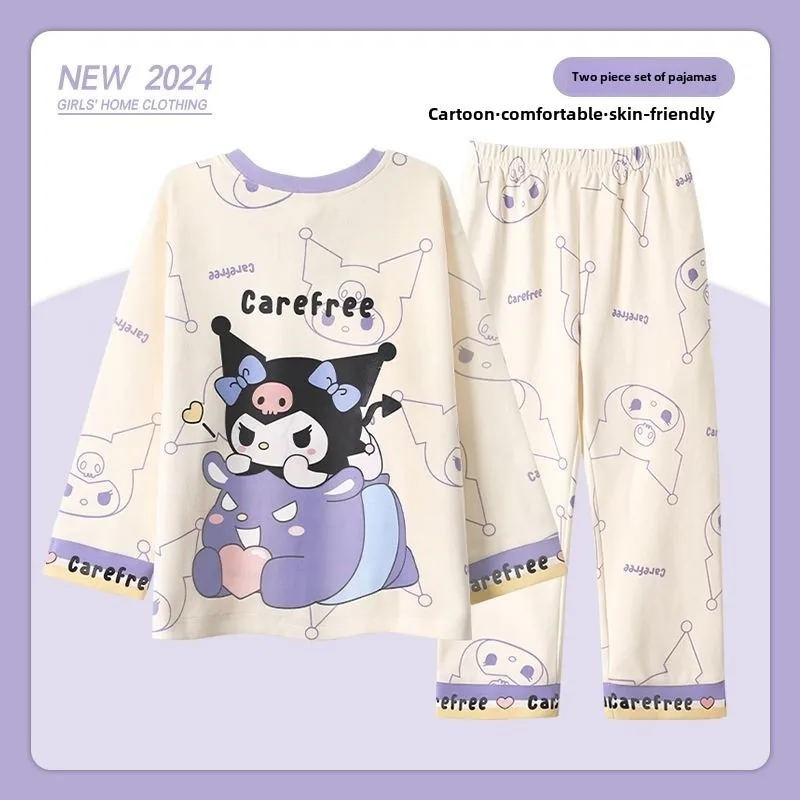 Pijamas de Hello Kitty para niña, conjunto de pijama bonito de dibujos animados para mujer, conjunto de dos piezas holgado y cómodo de algodón puro, pantalones superiores, ropa para el hogar