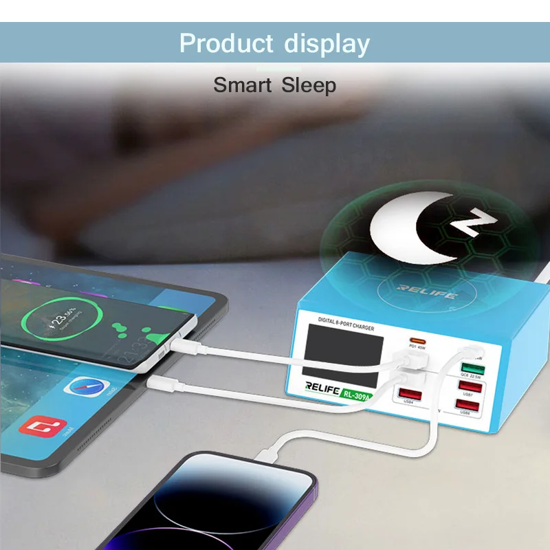 RELIFE RL-309A Digital Display Charger for Mobile Phone Supports PD 3.0 and QC 3.0 100W 8-port Quick Charging Tool