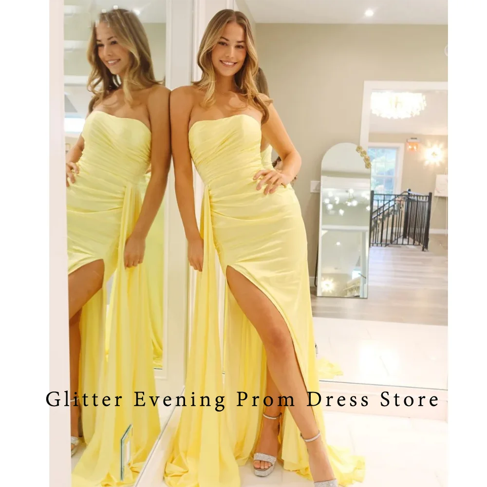 2024 Gele Sexy Galajurken Voor Vrouwen Zeemeermin Glijbaan Split Strapless Plooi Backless Veters Up Custom Verjaardagsavondfeest Groeit