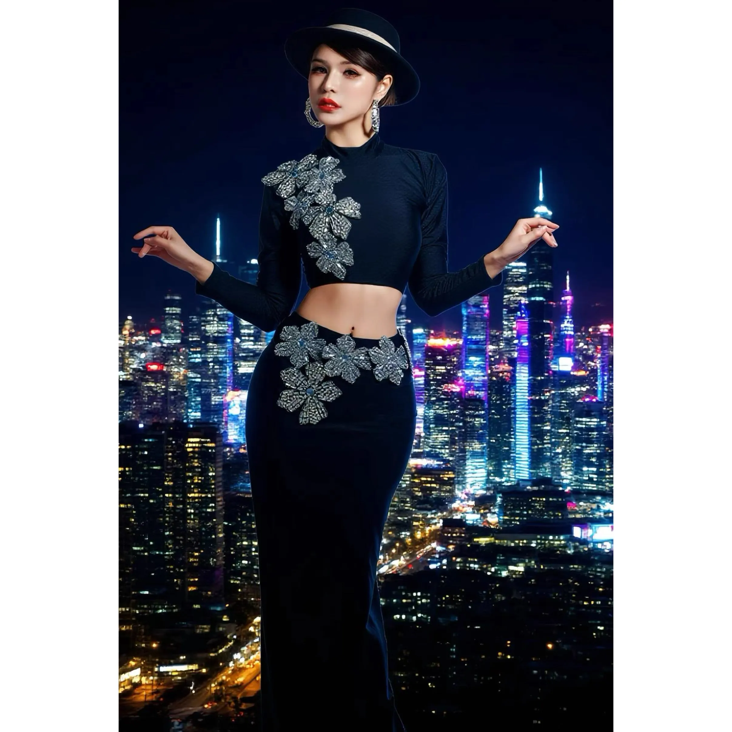 2025 novo vestido de festa sexy diamante preto split vestido boate bar dj trajes desempenho gogo dançarino cantor palco wear dn21886