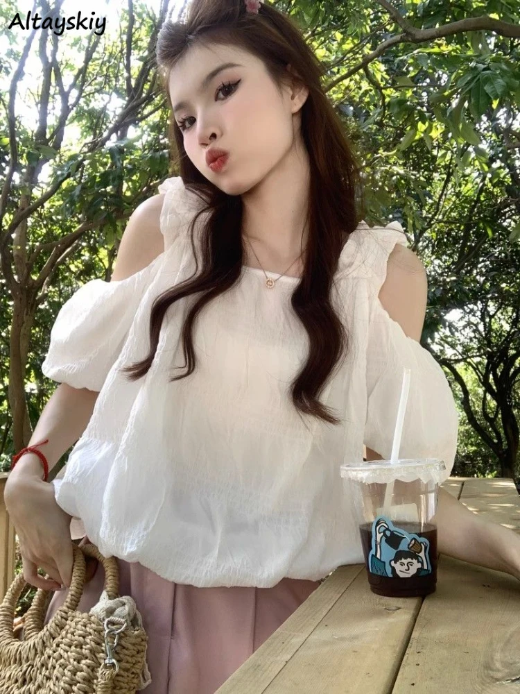 White Blouses Women Off Shoulder Princess Hotsweet Loose Tender Summer Thin Vintage Temperament Korean Style Age-reducing Ins