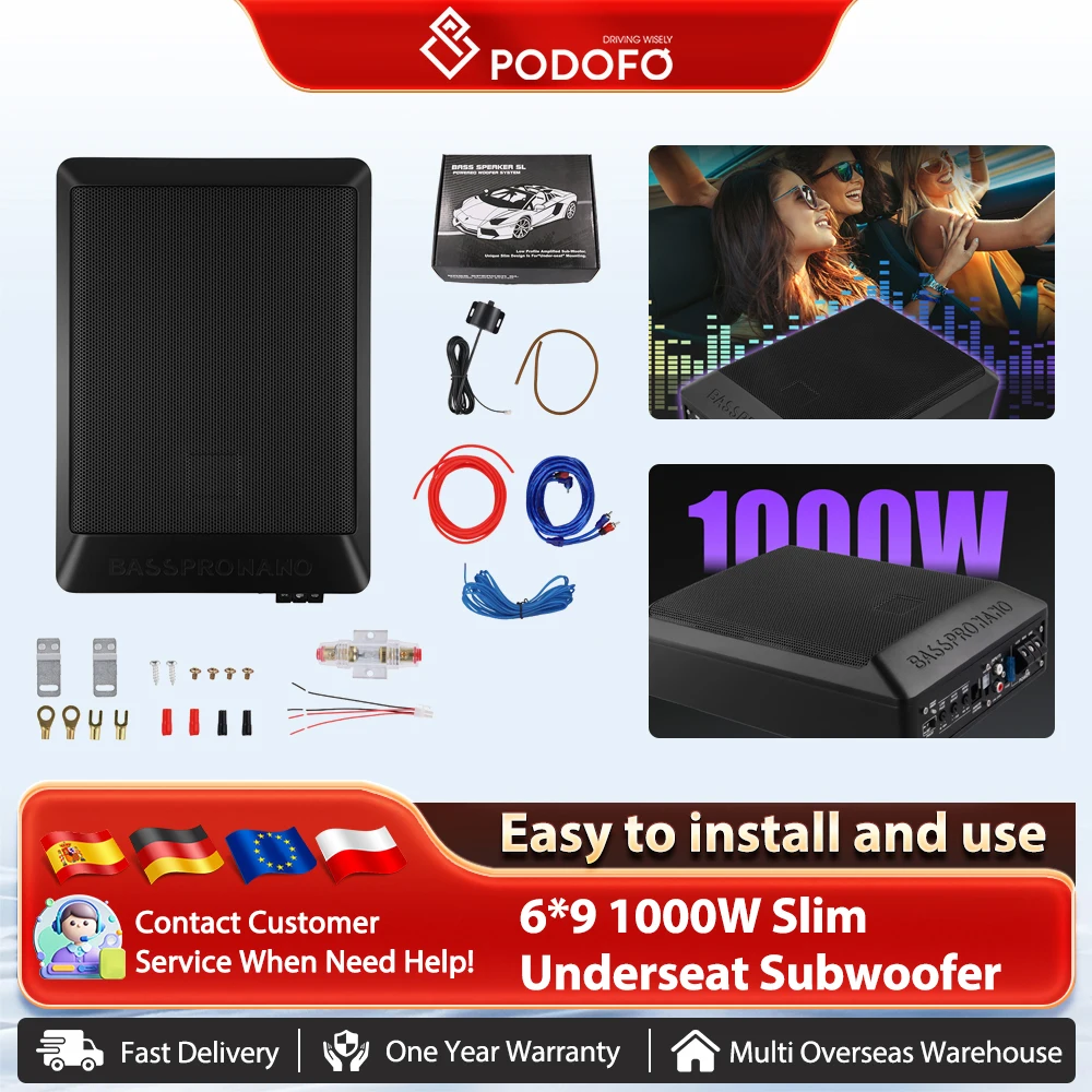 Podofo 1000W mince sous-siège caisson de basses système sonore caisson de basses amplifié Audio de voiture fort avec amplificateur pour voiture camion 12V