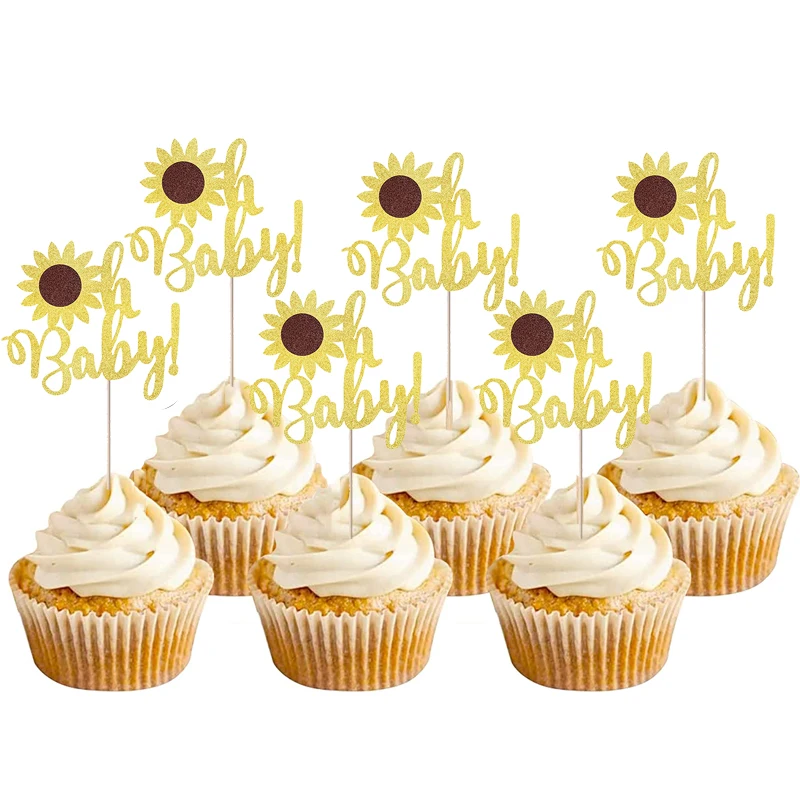 

Sunflower Oh Baby Cupcake Toppers Gold Glitter Cake Picks for Gender Reveal Theme Baby Shower 1st Birthday Party Cake Decoration