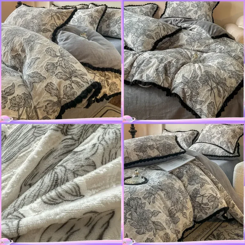 French carved milk fleece bed four-piece set, winter double-sided fleece warm coral fleece quilt set three-piece set